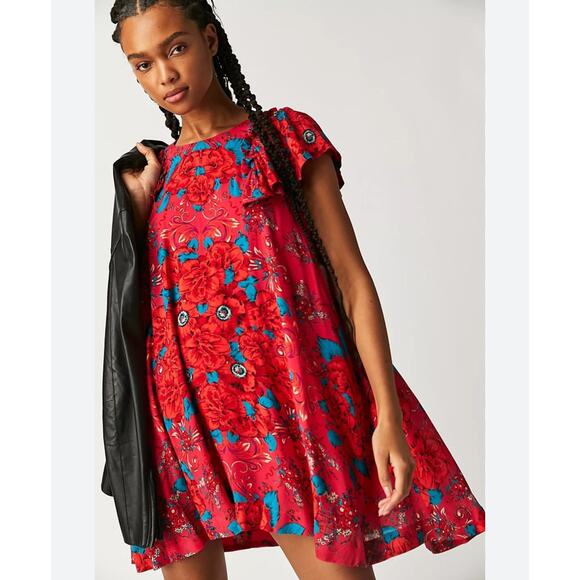 Free People Tara Hot Pink, Red & Blue Floral Flutter Sleeve Mini Swing Dress - Picture 1 of 8